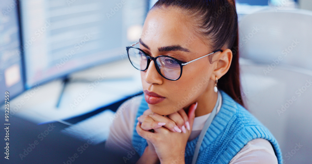 Fototapete Programming, woman or thinking with computer for software development, reading information or system update. Professional, app coding and cyber security with IT database for data analysis and testing