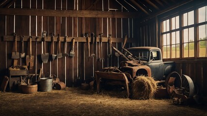 barn with vintage farm tools background farm concept backdrop