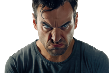 angry man looking with intense expression isolated on white or transparent png