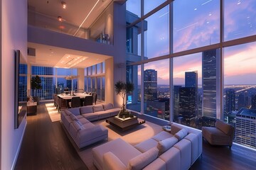 modern openconcept luxury apartment interior floortoceiling windows overlooking city skyline minimalist furniture warm ambient lighting