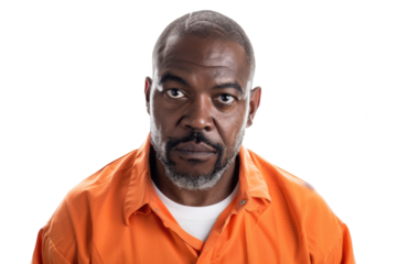 mid-aged man in orange prison jumpsuit