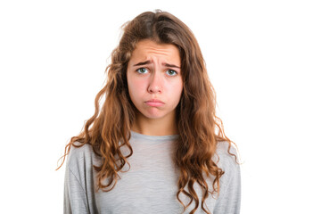young girl looking sad and confused, isolated on white or transparent png