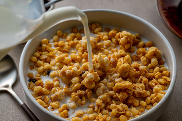 Milk and granola.
Breakfast image.
