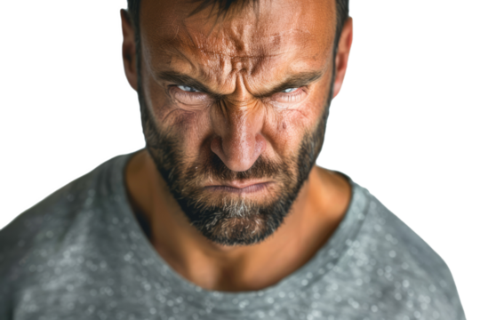 angry man looking with intense expression isolated on white or transparent png