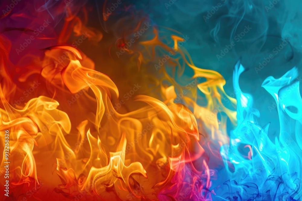 Poster a close-up shot of a fire with various colors and textures, suitable for use in illustrations or des