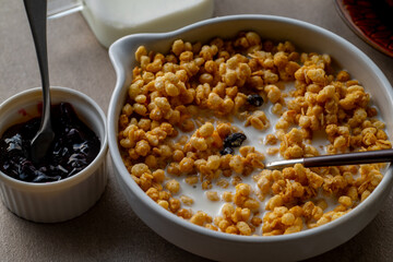 Milk and granola.
Breakfast image.
