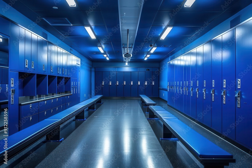 Wall mural modern sports locker room with sleek blue design rows of lockers benches motivational wall graphics 