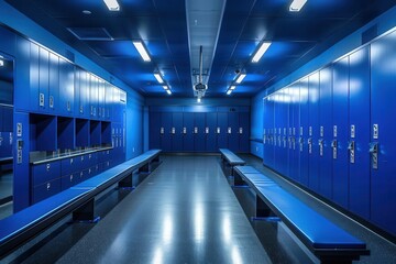 Obraz premium modern sports locker room with sleek blue design rows of lockers benches motivational wall graphics dramatic lowangle perspective creating sense of anticipation