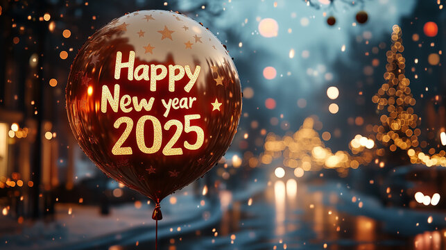 Happy New Year 2025 message red balloons with decoration party. symbolizes the start of the new year.
