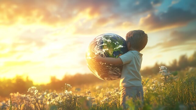 A little boy hugs the world in the peaceful nature. A warm and innocent image that conveys love for the earth and environmental awareness,ultra realistic, photorealistic