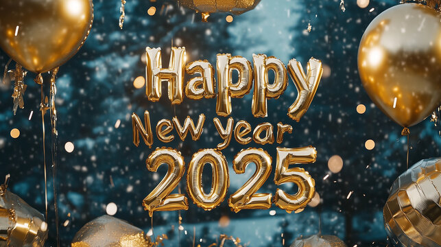 Gold Happy New Year 2025 message balloons with decoration party. symbolizes the start of the new year.