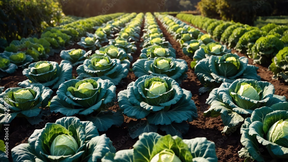 Poster rows of cabbages in garden background farm concept backdrop