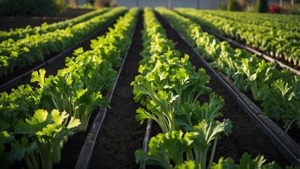 Obraz premium rows of celery in the garden background farm concept backdrop