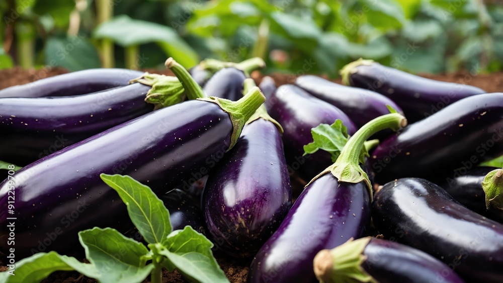 Wall mural rows of eggplants in the garden background farm concept backdrop