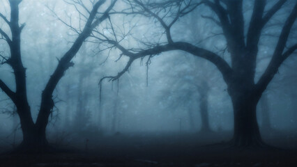 halloween background concept . scary fog forest. dark cold horror.  blur vision texture