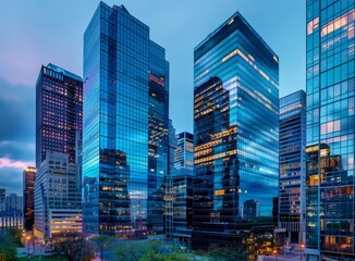 Obraz premium Skyscrapers reflecting the city lights at dusk.