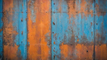 Rusty orange blue steel wall texture. Grunge metal background