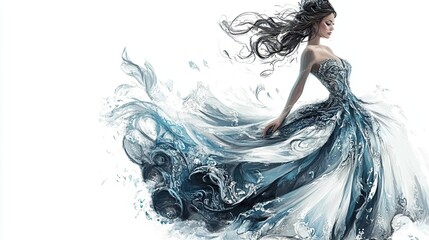 Fototapeta premium Woman in a Flowing Blue Dress with Long Hair