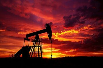 Oil pump jack at sunset with vibrant sky and glowing clouds. Stunning silhouette landscape in industrial style. Perfect for energy, industry, and nature themes. Eye-catching contrast. AI