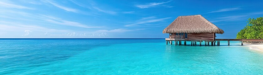 A tranquil tropical scene featuring a thatched-roof hut by crystal-clear blue waters and a serene sky above.