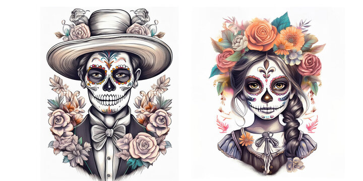 Day Of The Dead Set. Mexican sugar skulls with floral ornament on transparent background. Design elements for logo, emblem, sign, poster, card, banner for cultural event promotions. Clipart