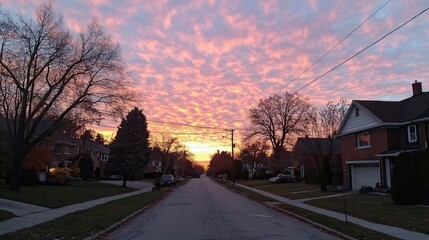 Fototapeta premium Suburban Street at Sunset with Pink Clouds and Bare Trees
