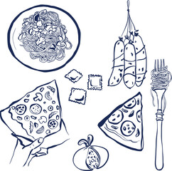 Vector food doddle set of Italy food. Hand-drawn pasta, pizza, cheese and sausage elements isolated on white background. Illustration for design, print, fabric or background. Trendy food collection.