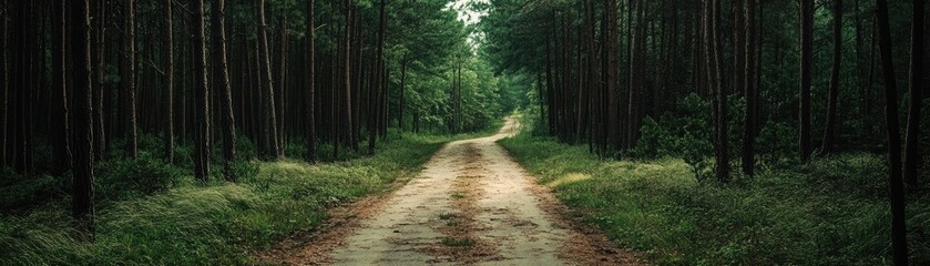 Fototapeta premium Abandoned road in overgrown pine forest, sense of mystery and decay