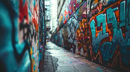 Fototapeta premium A narrow urban alleyway with vibrant street art and colorful graffiti on the walls, perfect for use in cityscape or urban-themed designs