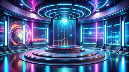 A 3D podium set in a futuristic room with holographic walls and neon lights. The platform is surrounded by digital elements and virtual interfaces, creating a sleek, advanced atmosphere.