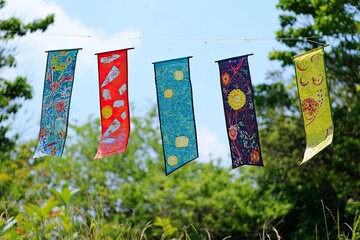 Five Colorful Fabric Flags Hanging from a String Against a Blue Sky and Green Foliage