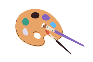 Paint palette and brushes. Painting color pallette, creative drawing tool. Artistic supplies, oil colour pallet on wooden board, artist accessory. Flat vector illustration isolated on white background