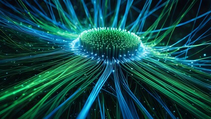 Fototapeta premium A green and blue image of a glowing, colorful, and intricate web of wires