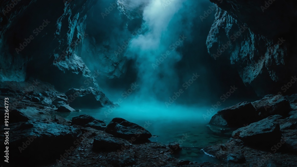 Poster teal foggy mist on darkness in deep cave background backdrop