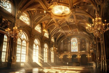 Obraz premium opulent fantasy palace interior soaring ceilings intricate gold detailing magical light streams through stained glass regal atmosphere perfect for epic tales