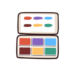 Watercolor box, water colour palette. Open paint case with colors for creative drawing. Artistic accessory, supplies. Watercolors paintbox. Flat vector illustration isolated on white background