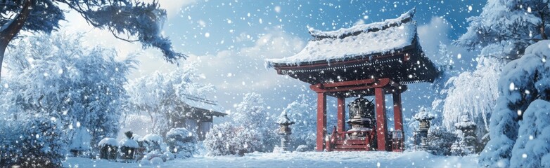 Sacred Snow Shrouded: An Animated Snow Scene with a Holy Shrine Covered in Winter's White Blanket
