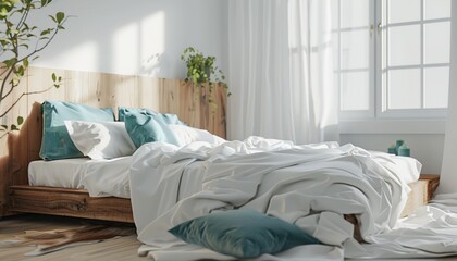 Bright Airy Bedroom with Minimalistic Wooden Bed, White Bedding, Teal Pillows, Cozy and Inviting