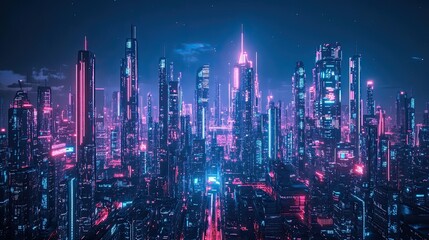 Fototapeta premium Futuristic Cityscape at Night with Neon Lights