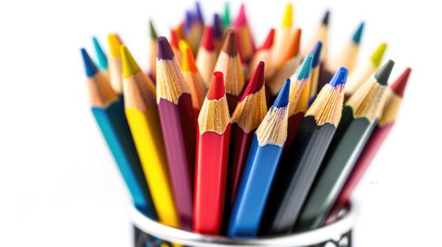 Colorful pencils stacked high in a small ceramic cup, ideal for arts and crafts projects or classroom use