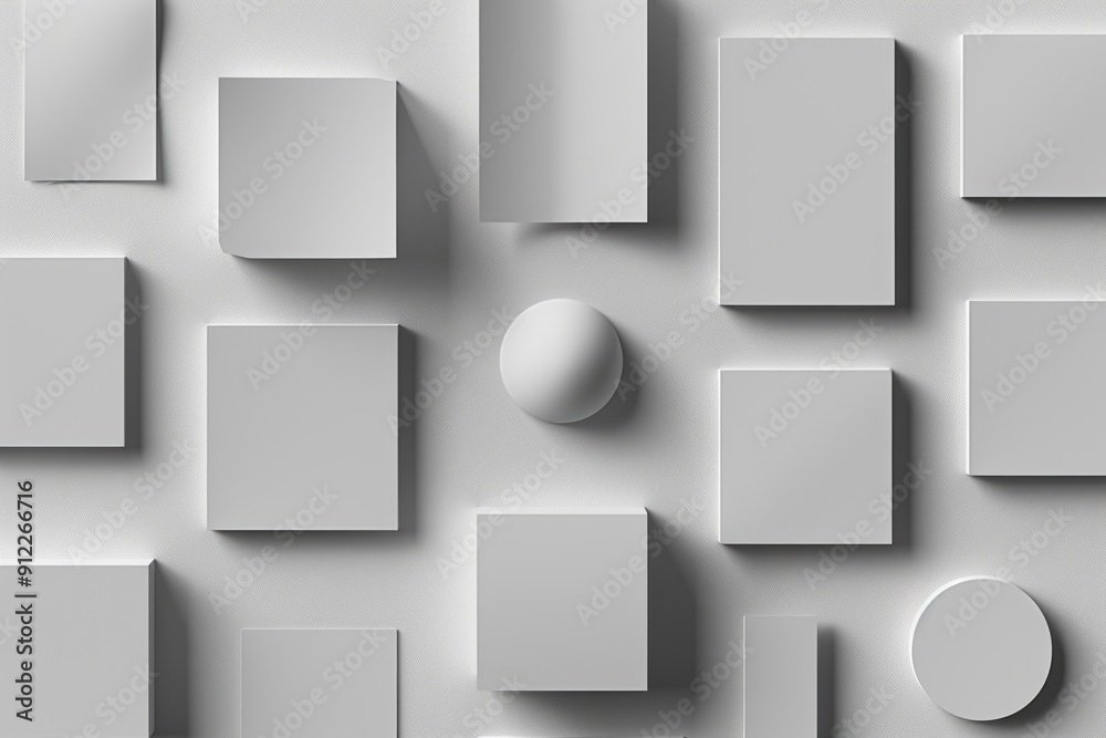 Poster A minimalist composition featuring a group of white cubes and a sphere on a white surface, perfect for use in abstract art or design projects