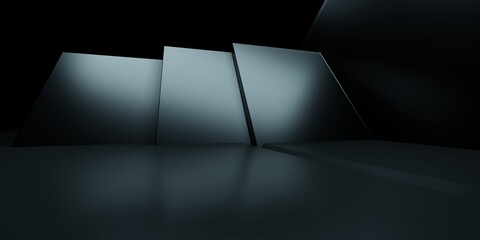 3d rendering of black abstract geometric background. Scene for advertising design, showroom, technology, future, modern, sport, game, spaceship, cosmetic, warehouse, garage. Sci Fi Illustration