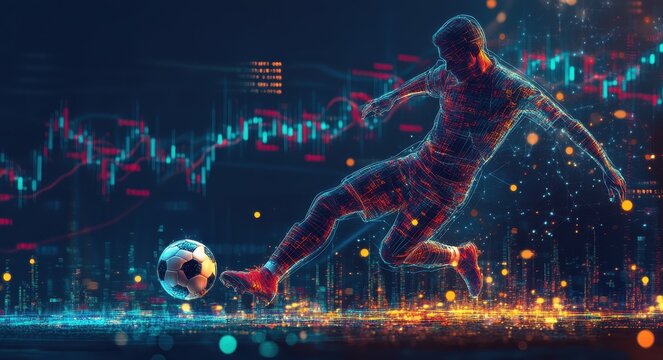 A soccer player is kicking the ball with an abstract background of stock market charts, representing sportsbook gambling and financial trading on digital platforms.