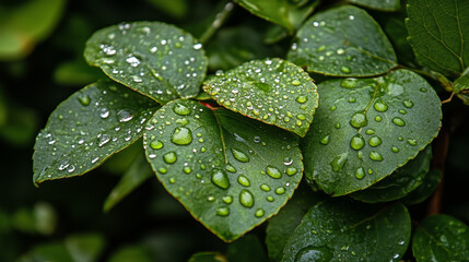 "Green leaves with water drops, captured in Brewster, Cape Cod. The leaves are vibrant with fresh droplets of water, showcasing the beauty of nature in a serene and lush environment."