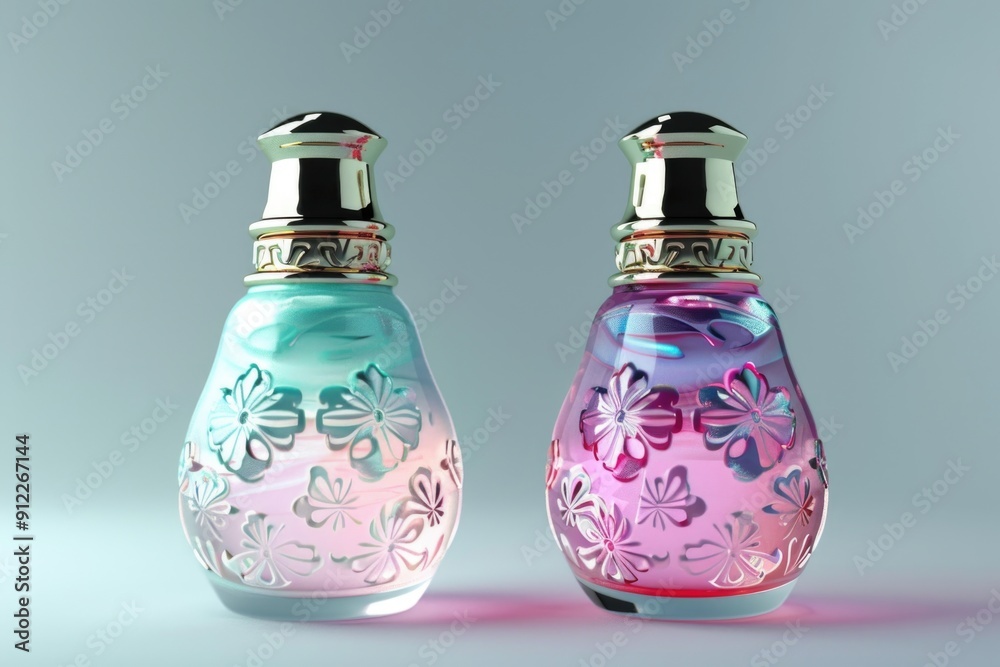 Poster two perfume bottles placed side by side on a surface, often used in still life photography or produc