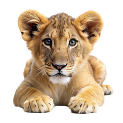 Lion cub is lying isolated on transparent background