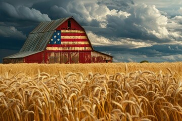 patriotic americana weathered wooden barn with faded flag mural golden wheat field in foreground stormy sky above dramatic lighting highlights textures and colors