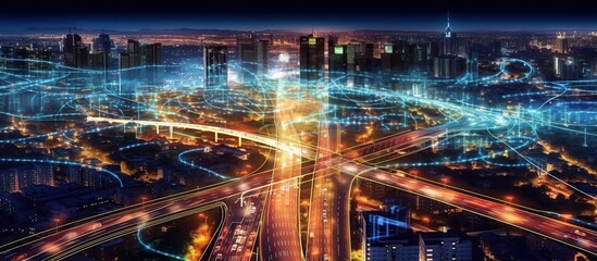 Futuristic Cityscape with Digital Network Overlays