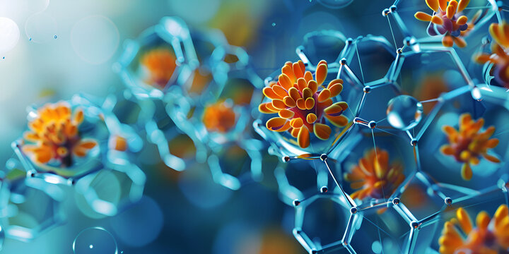  Intricate Molecular Structures with Orange Flower Elements, Advanced Biochemistry Featuring Flower-Inspired Molecular Design, hexagonal, honeycomb, benzenoid structure, advance medicine , antibodies 