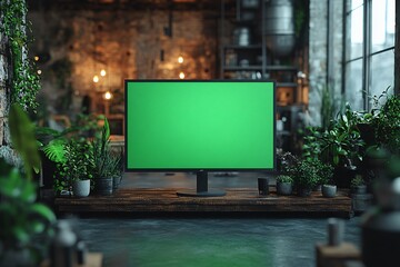 Large flat screen TV with a green screen standing in an industrial style room with rustic walls and large windows.
